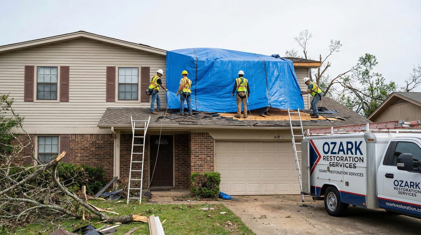El Dorado Disaster Restoration crew performing emergency roof tarping